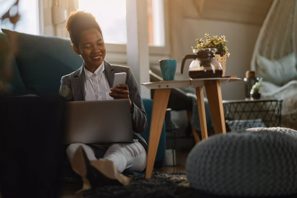 Female Freelancer Using Portable WiFi And WiFi Booster