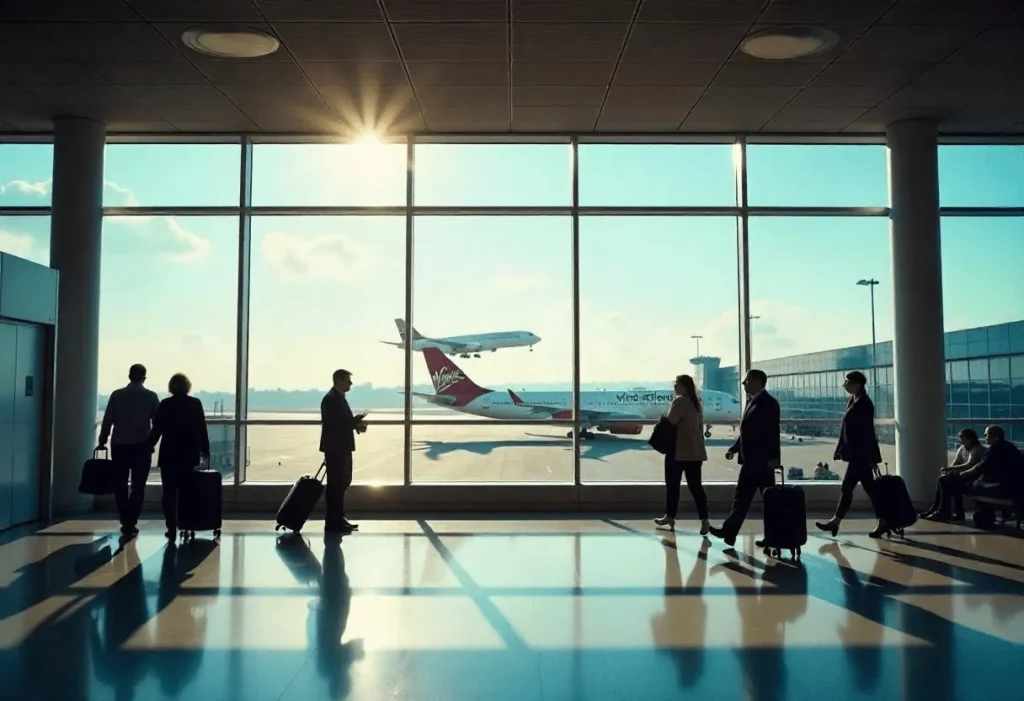 Travelers at Manchester Airport Using Portable WiFi Device