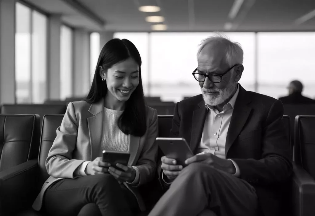 Two travelers Using Portable WiFi Devices At The Airport